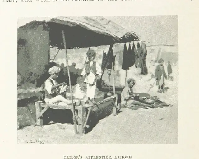Archival engraving of tailors at work in Lahore